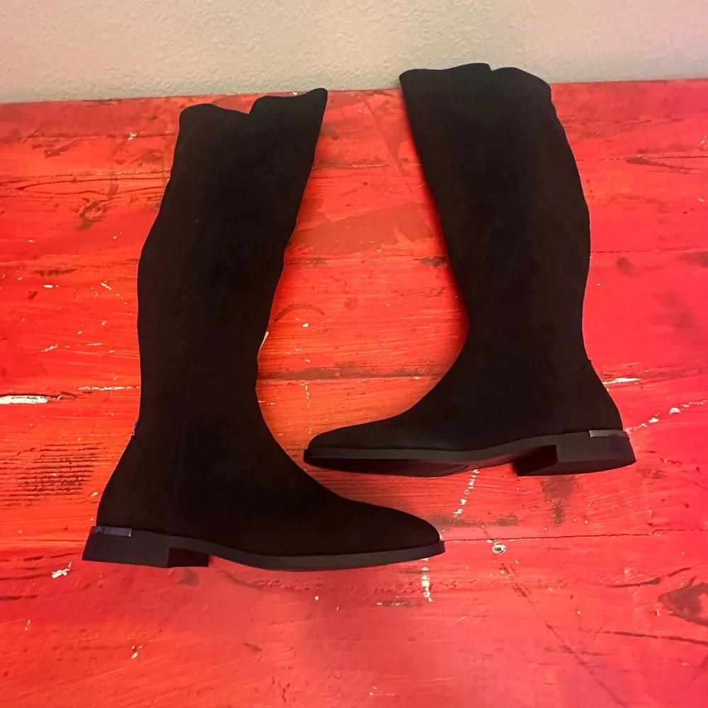 Nine West Allair2-WC Black Wide Calf Tall Boots Womens 9.5 Faux Suede Flat Heel